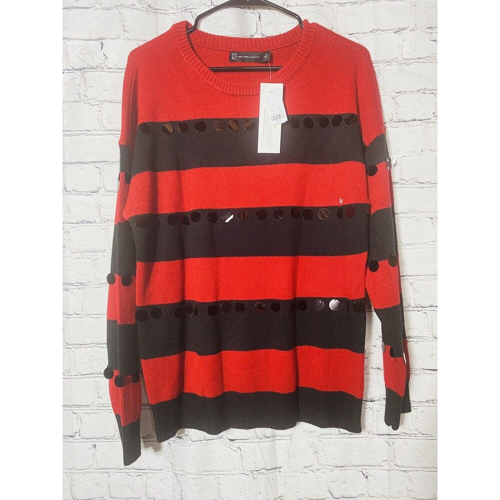 New York & Company Women's Sweaters Red Black Stripes Long Sleeves Size Medium